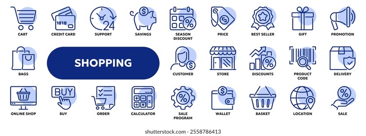 Set of vector line icons related to shopping, e-commerce, retail store. Symbols for website or app ui, logo design, illustration