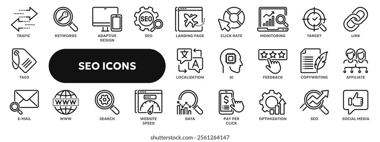 Set of vector line icons related to seo and digital marketing, web page search optimization. Symbols for website or app ui, logo design, illustration