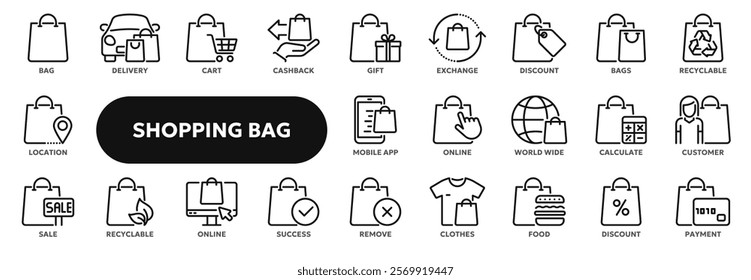 Set of vector line icons related shopping bag and package, sale and discount, online and retail commerce. Symbols for website or app ui, logo design, illustration