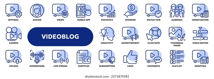 Set of vector line icons related to video blogging, video content making and editing, advertisement. Symbols for website or app ui, logo design, illustration