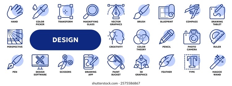 Set of vector line icons related to graphic design, art and drawing tools, creativity and imagination. Symbols for website or app ui, logo design, illustration