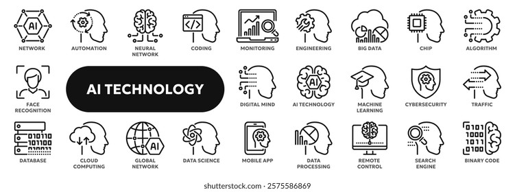 Set of vector line icons related to artificial intelligence, machine learning, data science. Symbols for website or app ui, logo design, illustration
