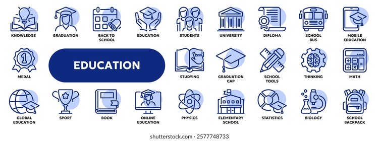 Set of vector line icons related to online education, school and university lessons, webinar. Symbols for website or app ui, logo design, illustration