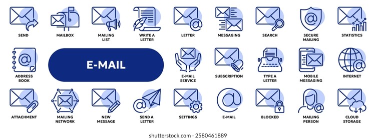 Set of vector line icons related to e-mail, messaging and communication, postal service. Symbols for website or app ui, logo design, illustration