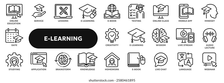 Set of vector line icons related to online education, school and university lessons, e-learning and webinar. Symbols for website or app ui, logo design, illustration