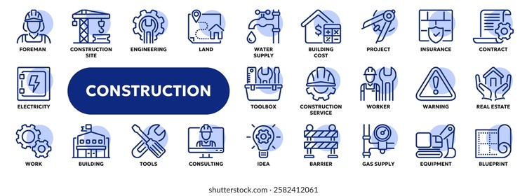 Set of vector line icons related to construction and engineering, building, real estate. Symbols for website or app ui, logo design, illustration