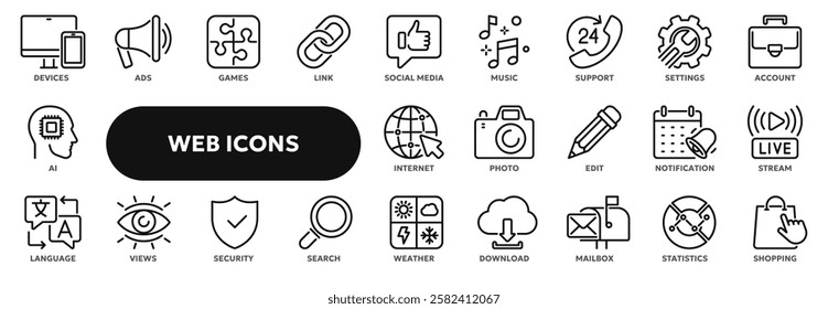Set of vector line icons related to internet, communication, contact. Symbols for website or app ui, logo design, illustration