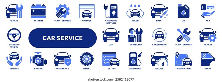 Set of vector line icons related to car service, auto repair and maintenance. Symbols for website or app ui, logo design, illustration