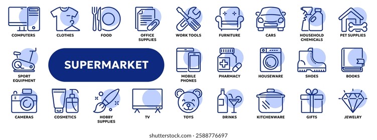 Set of vector line icons related to supermarket product categories, retail, e-commerce and shopping. Symbols for website or app ui, logo design, illustration