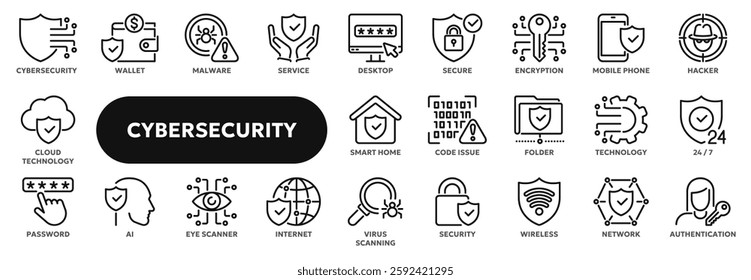 Set of vector line icons related to cybersecurity, information protection, data safety. Symbols for website or app ui, logo design, illustration