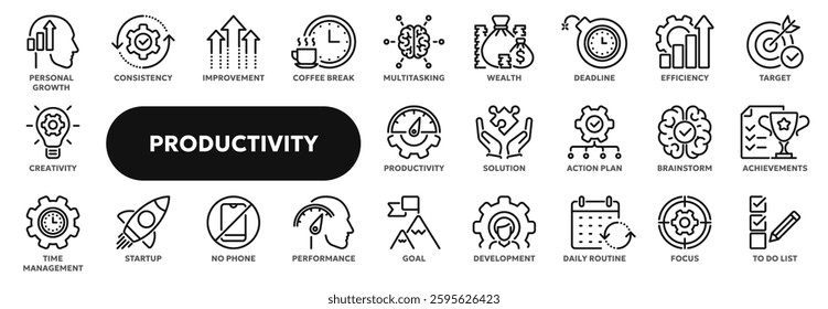 Set of vector line icons related to productivity and efficiency, personal growth and success, workflow performance. Symbols for website or app ui, logo design, illustration