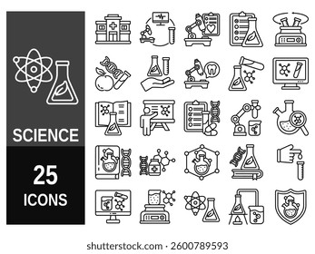 Set of vector line icons related to science lab equipment, chemistry and medicine. Symbols for website or app ui, logo design, illustration.