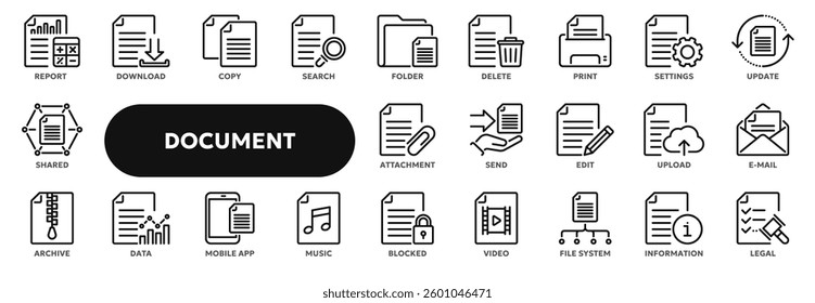 Set of vector line icons related to business office documents and papers, accounting and audit, computer file system. Symbols for web or app UI, logo design, illustration