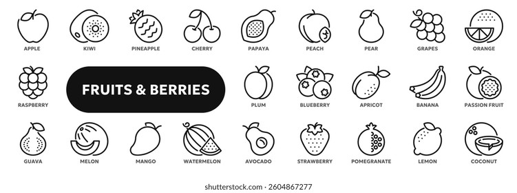 Set of vector line icons related to fresh fruits and berries, organic food, vegetarian diet and healthy nutrition. Symbols for website or app UI, logo design, illustration