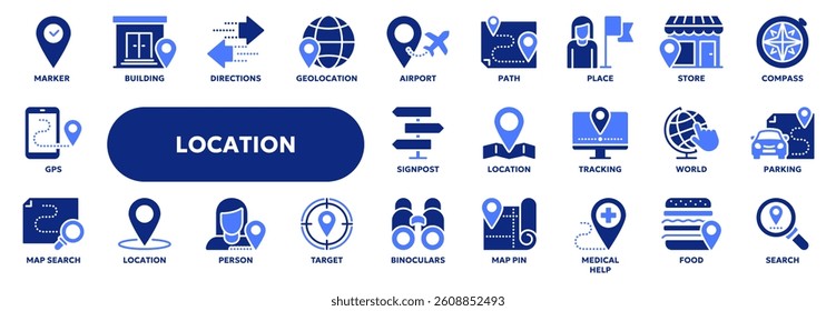 Set of vector line icons related to navigation and location, GPS positioning, travel and tourism. Symbols for website or app UI, logo design, illustration