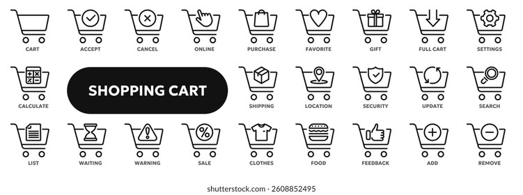 Set of vector line icons related shopping cart and basket, sale and discount, online and retail commerce. Symbols for website or app UI, logo design, illustration
