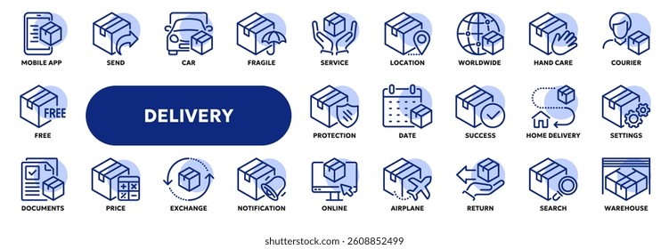 Set of vector line icons related to delivery and shipping service, transportation and logistic. Symbols for website or app UI, logo design, illustration