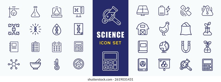 Set of vector line icons related to science lab equipment, chemistry and medicine. Symbols for website or app ui, logo design, illustration