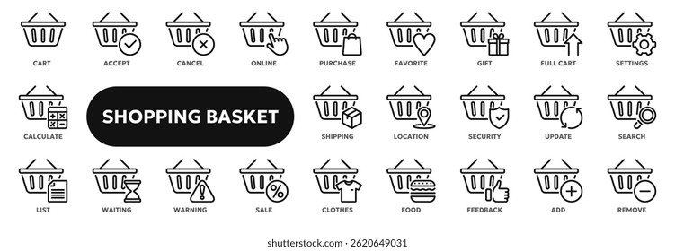Set of vector line icons related shopping basket, sale and discount, online and retail commerce. Symbols for website or app UI, logo design, illustration