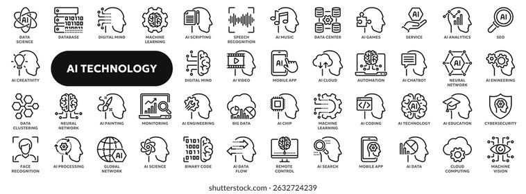 Conjunto de iconos de línea de Vector relacionados con la inteligencia artificial, el aprendizaje automático, la ciencia de datos y el análisis. Símbolos para Sitio web o App UI, diseño de logotipo, ilustración