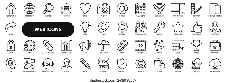 Set of vector line icons related to internet technology, social media, communication. Symbols for website or app UI, logo design, illustration