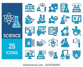 Set of vector line icons related to science lab equipment, chemistry and medicine. Symbols for website or app ui, logo design, illustration.