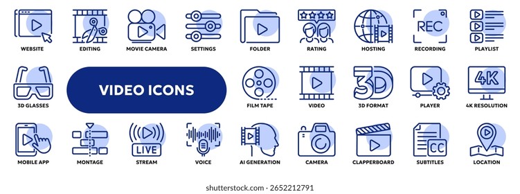 Set of vector line icons related to video recording, movie industry, internet live streaming. Symbols for website or app ui, logo design, illustration