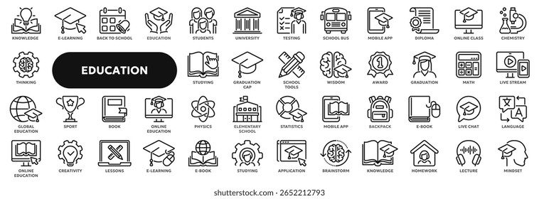 Conjunto de ícones de linha vetorial relacionados à educação online, aulas escolares e universitárias, webinar. Símbolos para IU de site ou aplicativo, design de logotipo, ilustração