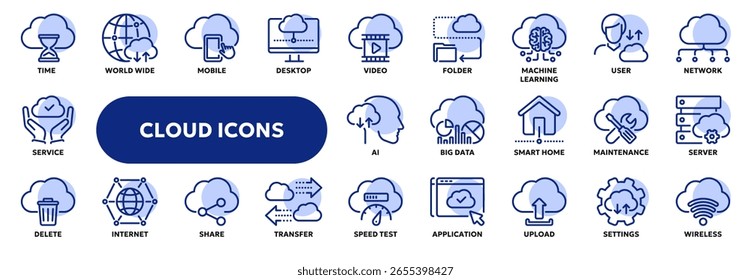 Conjunto de ícones de linha vetorial relacionados à tecnologia de computação em nuvem, IA, aprendizagem automática e big data. Símbolos para IU de site ou aplicativo, design de logotipo, ilustração