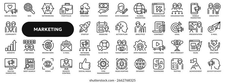 Conjunto de iconos de línea de Vector relacionados con el marketing digital, publicidad en redes sociales, promoción. Símbolos para Sitio web o App UI, diseño de logotipo, ilustración