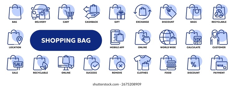 Conjunto de ícones de linha de vetor relacionados sacola de compras e pacote, venda e desconto, comércio on-line e varejo. Símbolos para IU de site ou aplicativo, design de logotipo, ilustração