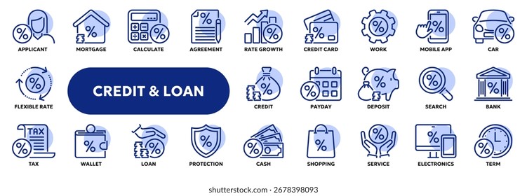 Set of vector line icons related to loan, bank credit rate, finance and investment. Symbols for website or app UI, logo design, illustration
