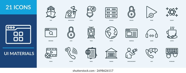 Conjunto de iconos de línea de Vector relacionados con la interfaz de usuario, la tecnología, el diseño. Símbolos para Sitio web o App UI, diseño de logotipo, ilustración