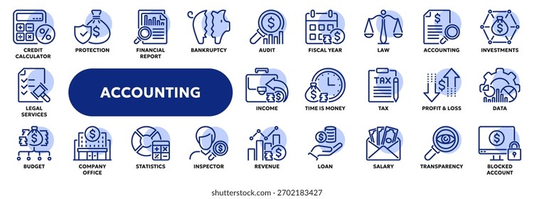 Eine Reihe von Vektorlinien-Symbolen für Unternehmen und Finanzen, Buchhaltung, Steuern und Audit. Symbole für Website oder App UI, Logo-Design, Illustration