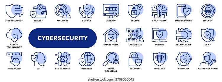 Set of vector line icons related to cybersecurity, information protection, data safety. Symbols for website or app UI, logo design, illustration