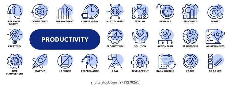 Conjunto de ícones de linha de vetor relacionados à produtividade e eficiência, crescimento e sucesso pessoal, desempenho do fluxo de trabalho. Símbolos para IU de site ou aplicativo, design de logotipo, ilustração