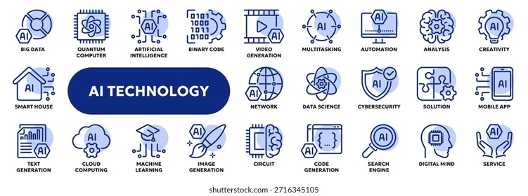 Conjunto de iconos de línea de Vector relacionados con la inteligencia artificial, el aprendizaje automático, la ciencia de datos y el análisis. Símbolos para Sitio web o App UI, diseño de logotipo, ilustración