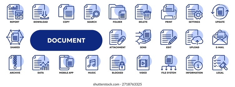 Conjunto de iconos de línea de Vector relacionados con documentos y documentos de oficina de negocios, contabilidad y auditoría, sistema de archivos de computadora. Símbolos para Web o App UI, diseño de logotipo, ilustración