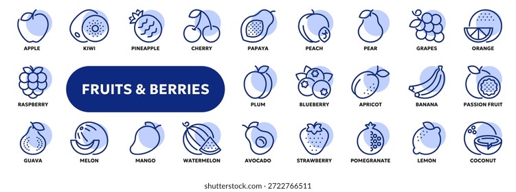 Conjunto de ícones de linha vetorial relacionados a frutas frescas e bagas, alimentos orgânicos, dieta vegetariana e nutrição saudável. Símbolos para IU de site ou aplicativo, design de logotipo, ilustração