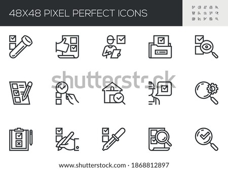 Set of Vector Line Icons Related to Expertise. Inspection, Examination, Analysis, Testing. Editable Stroke. 48x48 Pixel Perfect.