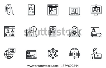 Set of Vector Line Icons Related to Online Meeting and Video Conference. Work from Home. Webcam Group Conference with Coworkers. Online Group Videoconference. Editable Stroke. Pixel Perfect.