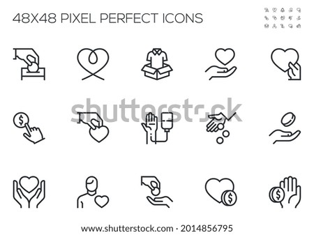 Set of Vector Line Icons Related to Donations and Charity. Volunteer, Helping, Providing Assistance, Kindness. Editable Stroke. 48x48 Pixel Perfect.