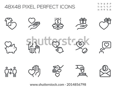 Set of Vector Line Icons Related to Donations and Charity. Volunteer, Helping, Providing Assistance, Kindness. Editable Stroke. 48x48 Pixel Perfect.