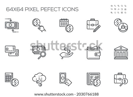 Set of Vector Line Icons Related to finance. Cash, Banking, Financial Services, Money Management. Editable Stroke. 64x64 Pixel Perfect.