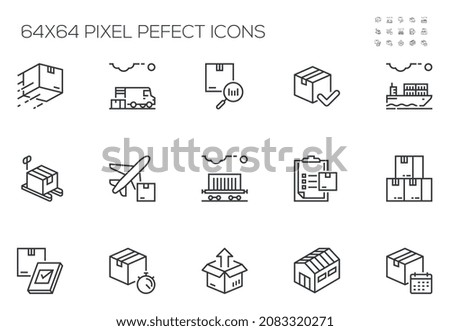 Set of Vector Line Icons Related to Logistics. Retail Warehouse, Shelves with Goods, Product Distribution. Editable Stroke. Pixel Perfect.