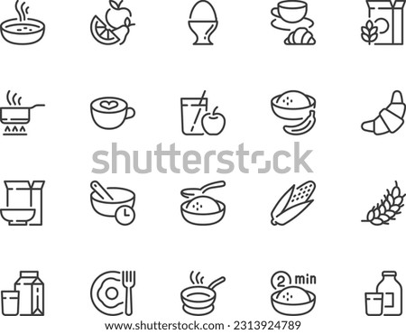 Set of vector line icons related to breakfast. Porridge, cereal, tea, coffee, banana, juice, croissant, egg, fruit. Editable stroke. Pixel perfect.jpg