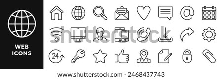 Set of vector line icons related to internet, communication, contact. Symbols for website or app ui, logo design, illustration