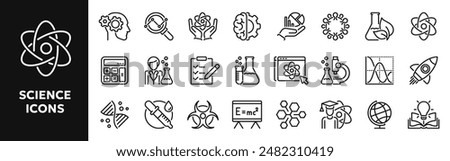 Set of vector line icons related to science lab equipment, chemistry and medicine. Symbols for website or app ui, logo design, illustration