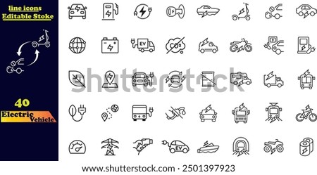 Set of vector line icons related to electric cars and eco transport.  Containing electric car, charging station, battery, EV charging, e-bike, hybrid, e-car, electric scooter and power.