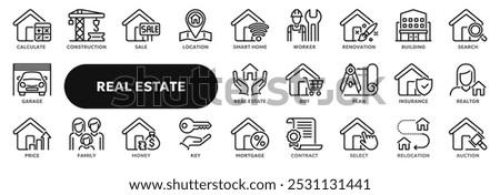 Set of vector line icons related to real estate and rent, construction, purchasing and selling a home. Symbols for website or app ui, logo design, illustration